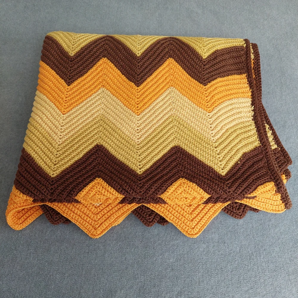 Handmade Crochet Chevron Afghan Blanket Retro 70s Earth Tones Orange Brown